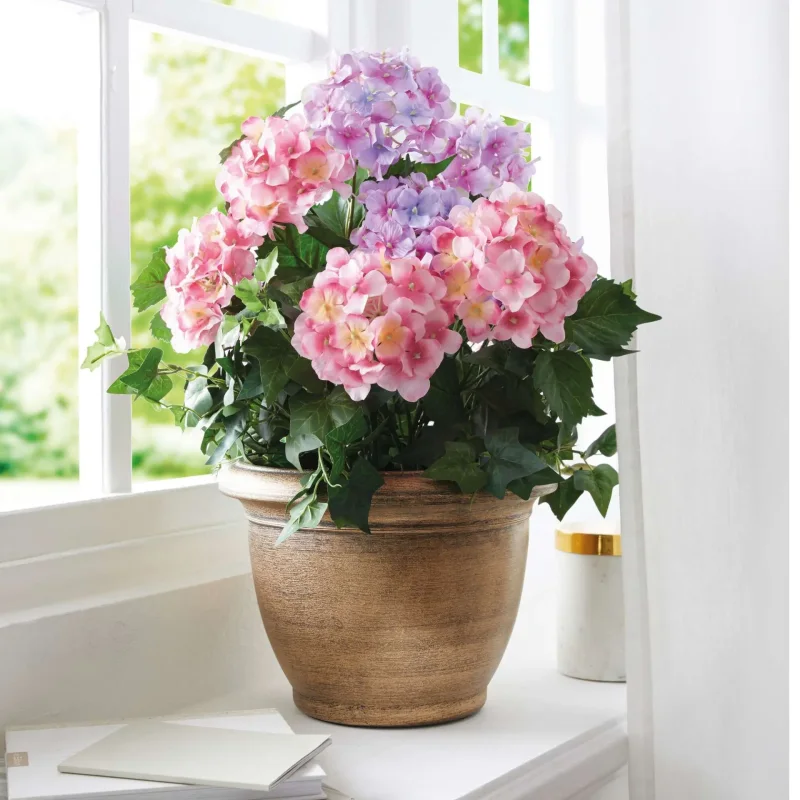 Kunstpflanze "Hortensie" im goldenen Topf, 55 cm hoch, künstliche Hortensien, Dekopflanze, Topfpflanze