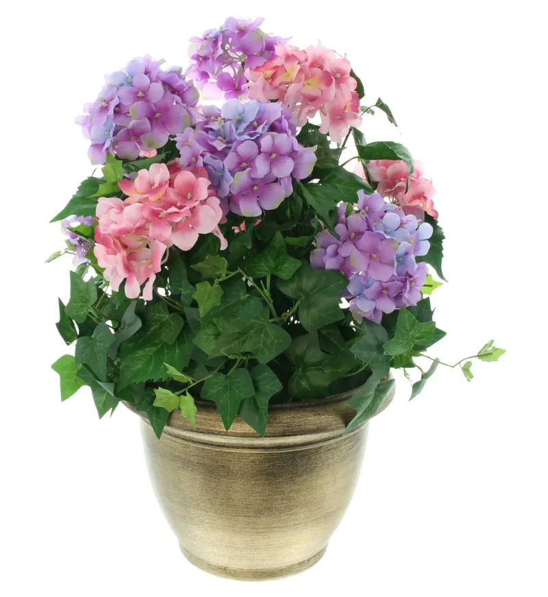 Kunstpflanze "Hortensie" im goldenen Topf, 55 cm hoch, künstliche Hortensien, Dekopflanze, Topfpflanze