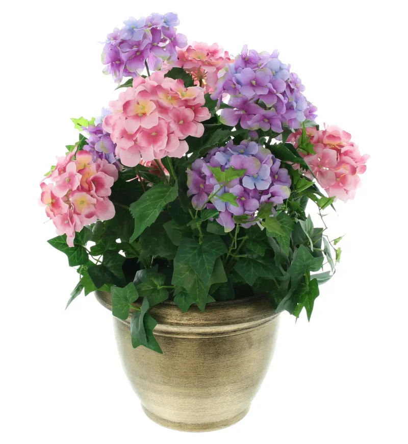 Kunstpflanze "Hortensie" im goldenen Topf, 55 cm hoch, künstliche Hortensien, Dekopflanze, Topfpflanze