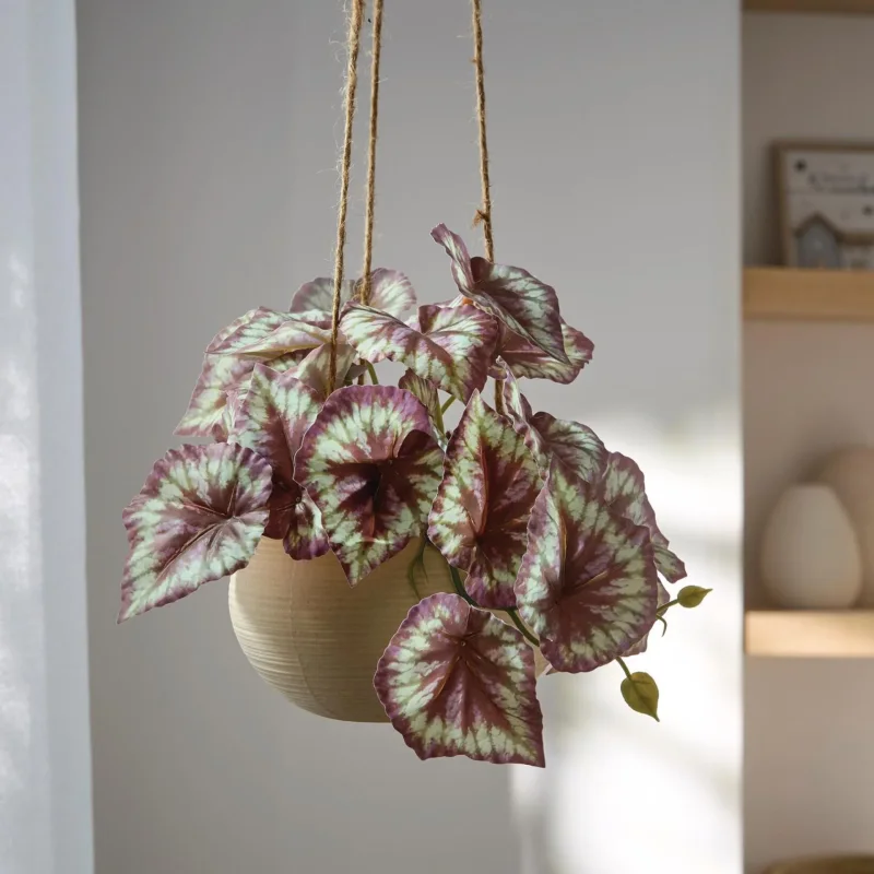 Kunstpflanze "Königsbegonie" im Hängetopf, Kunststoff, Keramik, Jute, Höhe 17 cm, Topf Ø 13 x 9 cm