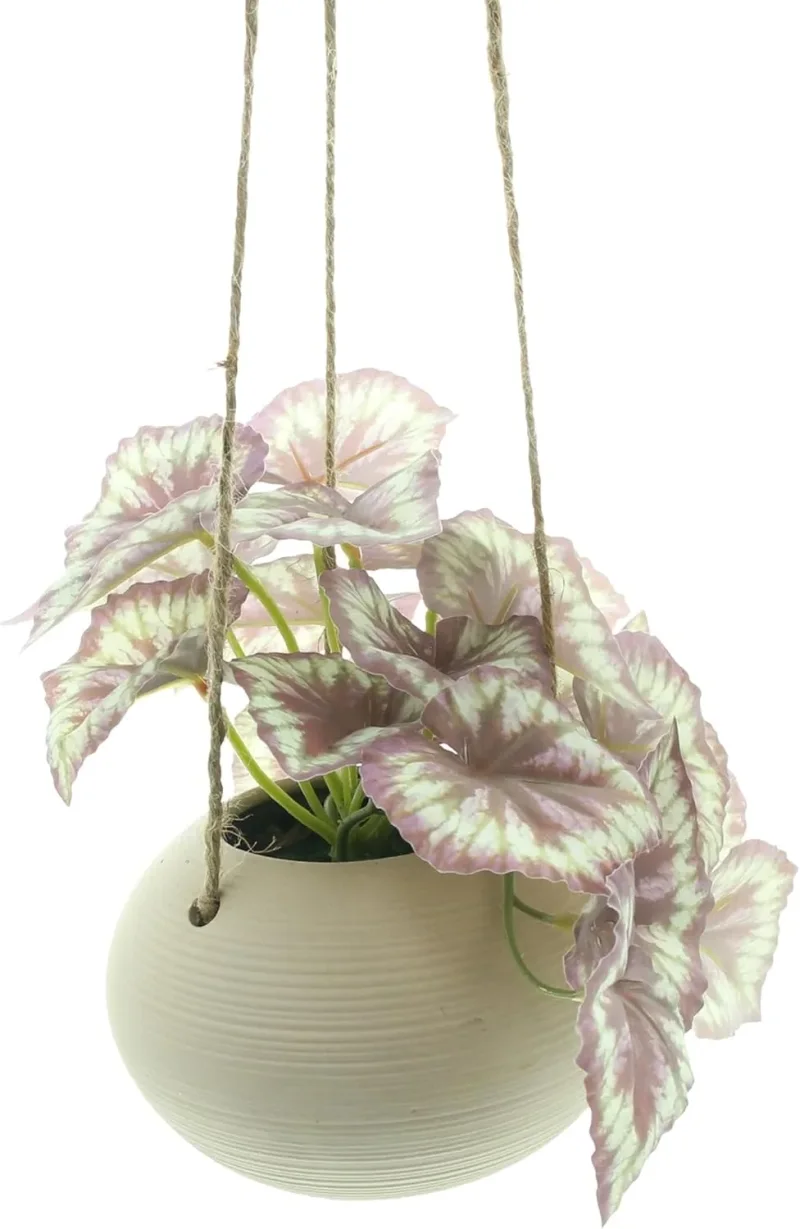 Kunstpflanze "Königsbegonie" im Hängetopf, Kunststoff, Keramik, Jute, Höhe 17 cm, Topf Ø 13 x 9 cm