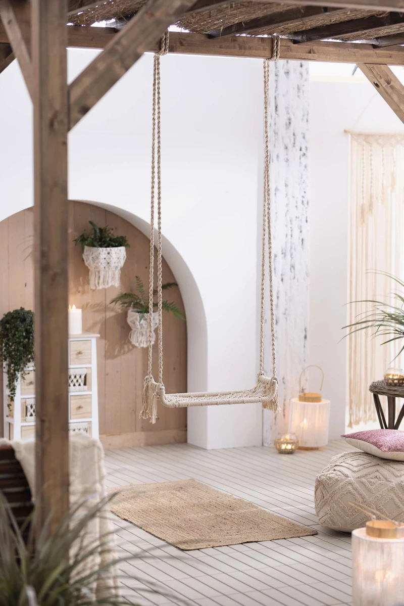 Schaukel "Makramee" aus Metall und Poly-Baumwolle, Indoor Hängeschaukel aus Metall & Stoff, Boho Chic